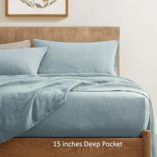 Image of ATLINIA 100% Pure Flax Linen Bedding Set - Stone Washed French Linen Fabric Deep Pocket Fitted Sheet Farmhouse Flat Sheet 2 Pillowcases (Dusty Blue, Queen)