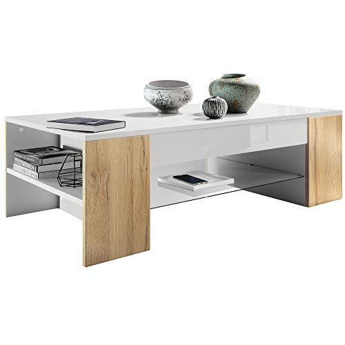 Vladon Couchtisch Clip, Made in Germany, Wohnzimmertisch mit 2 Seitenfächern und 1 Glasplatte, Weiß matt/Eiche Natur (118 x 37 x 60 cm)