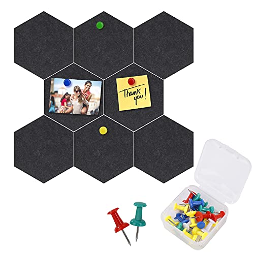 Tablones de Corcho, Fieltro Hexagonal Corcho Pared Autoadhesivo Tablero de Notas con 20 Pasadores de Empuje para Colgar Fotos, Casa, Oficina, Decoración de Paredes 8 Piezas 17.5 x 15.2 cm (Negro)