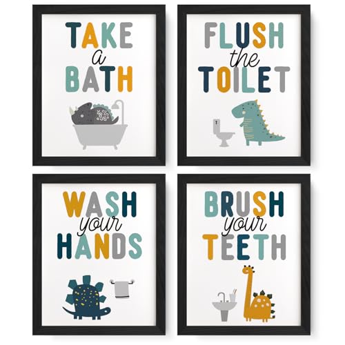JXREQ Dinosaur Kid Bathroom Decor, Kids Bathroom Wall Decor for Nursery Toddler Room Boys Girls Cute Dinosaur Posters Wall Art Prints Set of 4, 8x10 Inch Unframed