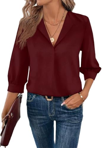Astylish Womens 3/4 Sleeve Shirt Casual V Neck Turn-Down Collar Business Dressy Blouse Tops