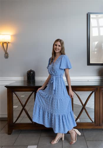 Image of MASCOMODA Women Boho Swiss Dot Maxi Dresses Wrap V Neck Flutter Short Sleeve Solid Tie Waist A Line Tiered Flowy Long Dresses