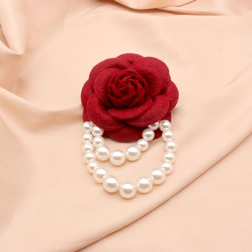 Image of Elegant Camellia Flower Faux Pearl Brooch Pin,Bohemian Fabric Flower Brooch Pins Pearl Tassel for Women Teen Girls, Corsage Wedding Brooches Clothes Dress Coat Accessories Jewelry Gift (Red)