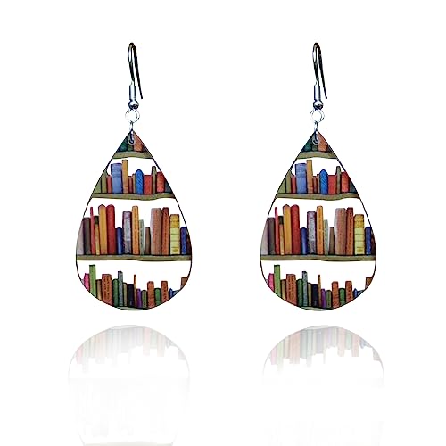 Bookcase Dangle Earrings for Women Teardrop Dangle Earrings with Book Shelves Patterned Acrylic Gifts for Women Girls (teardrop)