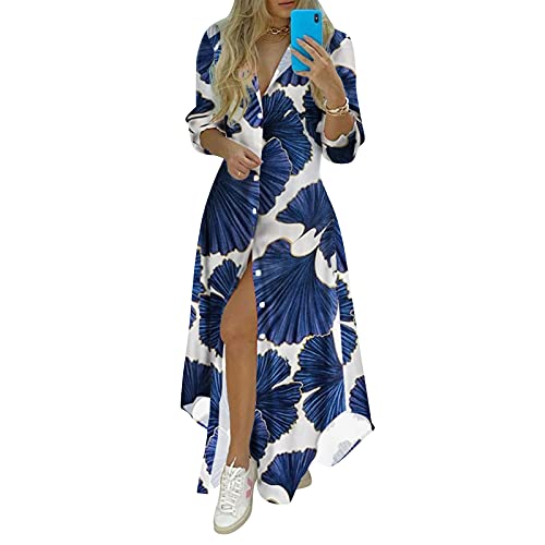 UIFLQXX Vestido maxi longo, moderno, estampado, justo, gola V, quadris, renda, manga curta, V, Azul-