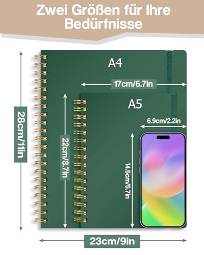 ihaspoko A5 Notizbuch mit Register - 100g/m² nicht durchscheinendes Papier, 300 Seiten, PVC Hardcover, Spiralbindung für Schule, Büro & Geschenke (Dunkelgrün)