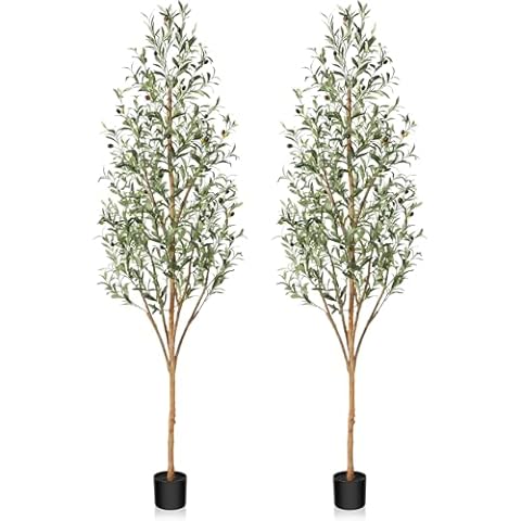 OAKRED Artificial Olive Tree 7ft, Lush Faux Olive Tree for Indoor with Natural Wood Trunk and Lifelike Fruits, Silk Tall Fake Olive Tree for Home Decor Office Living Room, 2Pcs Cover