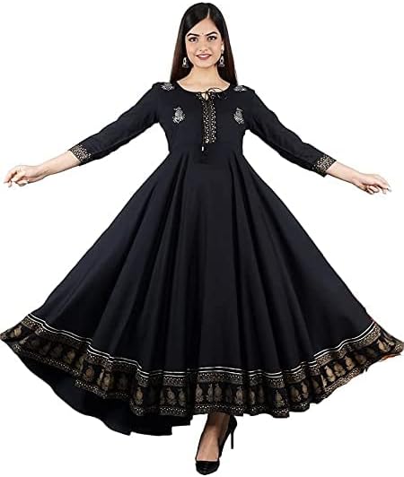 Womens Reyon Printed Anarkali Kurti Black