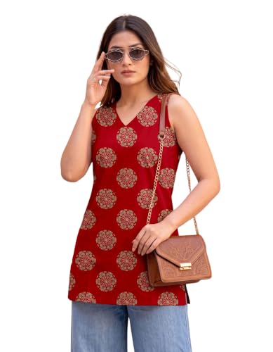 Image of Women's Printed Sleeveless Cotton Kurti Top with V-Neck, Straight Fit Casual Ethnic Tunic for Office, Daily & Casual Wear