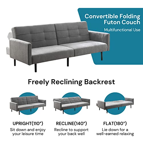 Futon Sofa Bed With Mattress And Frame, Convertible Lounge Couch Bed, Grey Splitback Sofa Bed Adjustable Couch Sleeper, Loveseat Folding Overnight Guest Bed, Adjustable Folding Futon For Living Room #TOP4
