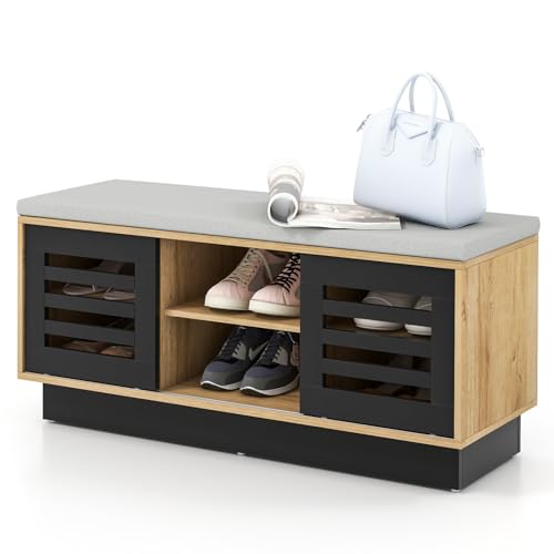 RELAX4LIFE Banco Zapatero de Madera con Cojín, Banco para Zapatos con 6 Niveles y 3 Estantes Ajustables, 2 Puertas Correderas, Ahorro de Espacio, Zapatero para Entrada, 99,5 x 34,5 x 46 cm (Natural)