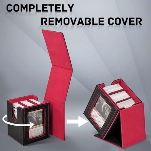 Image of ZLCA MTG Deck Box with Commander Window Display, Trading Card Storage Box Holds 100 Double-Sleeved Cards Suitable for TCG /CCG /PTCG /EDH /Magic /Sport Cards (Black&Red)
