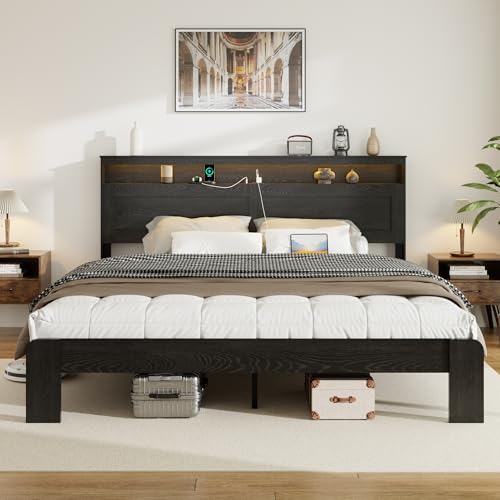Image of King Size Wooden Bed Frame with Headboard, Rustic Farmhouse Wooden Bedframe with LED Lights and Charging Station, Easy Assembly, No Box Spring Needed (Black, King)