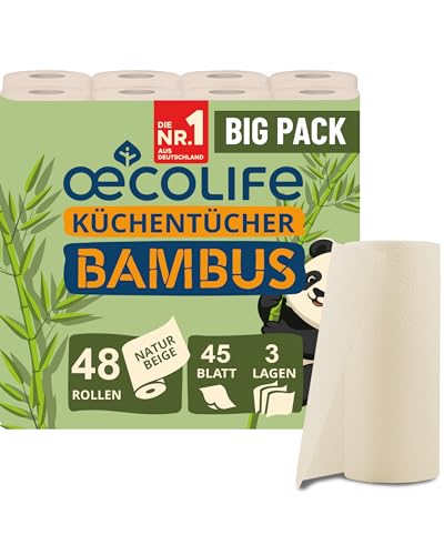 œcolife Küchentücher BAMBUS, 48 Rollen, 45 Blatt pro Rolle, 3-lagig, ungebleichter Bambus Zellstoff mit anti-bakteriellen Eigenschaften
