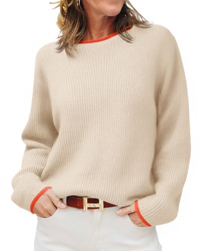 Saodimallsu Womens Crew Neck Sweater Chunky Long Sleeve Ribbed Knit Color Block Loose Casual Fall Pullover Tops