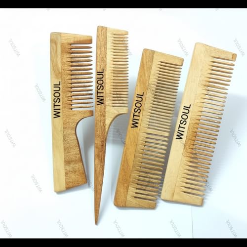 Image of WITSOUL Neem Wood Comb ORGANIC /Ayurvedic /Anti-Dandruff Comb For Men And Women /Brown color / (SET OF 4) (2patticomb)