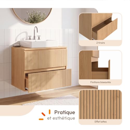 Meuble sous vasque suspendu salle de bain VICTOR 2 tiroirs effet lattes - vue 5
