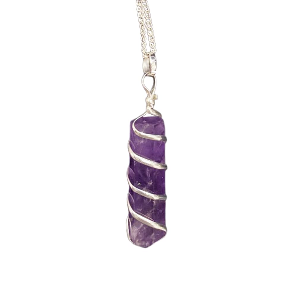 VIE Wire Wrapped Pencil Pendant, Silver Chain, Amethyst