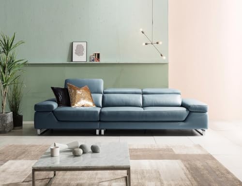 Image of Fabrique Cassa Leatherette 3 Seater Sofa Set Luxury Blue with Moveable Headrest | Stylish Home Office & Living Room Furniture | Lightweight Design with Durable Stainless Steel Legs