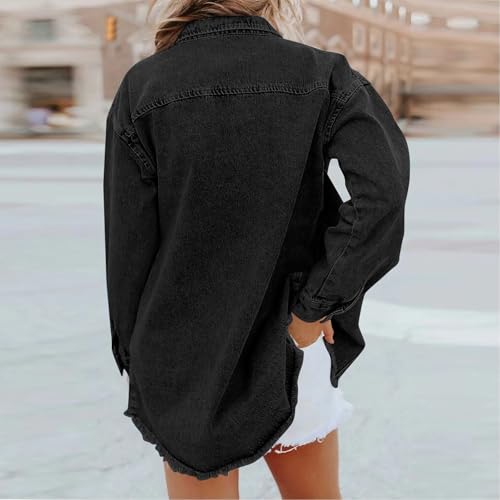 Jean Jacket Women Oversized Distressed Button Down Denim Shirt Jacket Casual Fall Vintage Long Sleeve Denim Shacket3