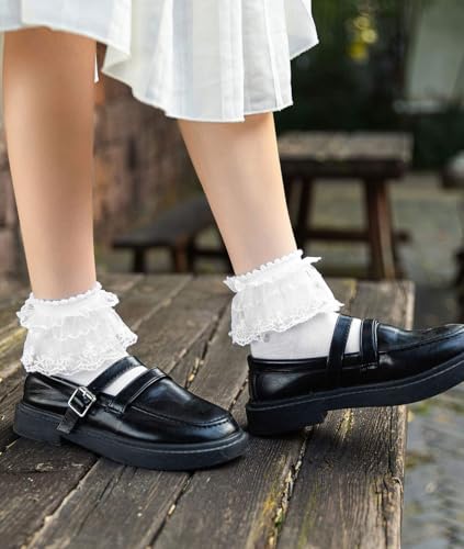 Image of Women Ruffle Socks, Soft Comfortable Lace Frilly Fashion Princess Socks with Pearls 3 Pairs