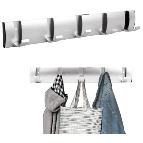 LOPYXBR Silver Coat Hooks Wall Mounted, Coat Rack Wall Mounted with 5 Retractable Hooks, Coats Hanger Walls Mounteds, Folding Aluminium Walls Coats Hanger Cover