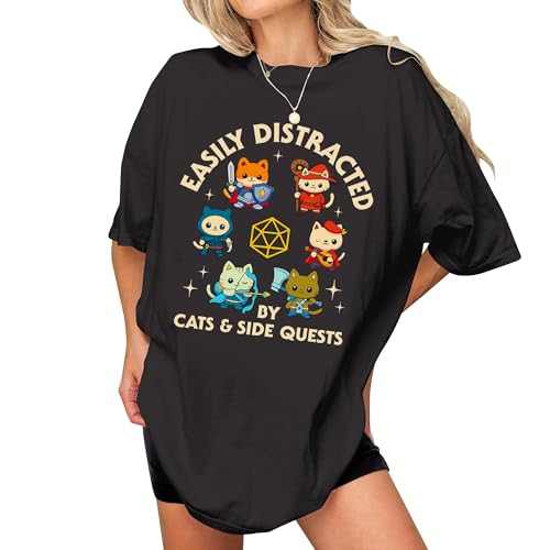 Easily Distracted by Cats and Side Quests Shirt Men - D20 Side Quest Master Tshirt for Women- Dungeon Cat Tee - Roll Concentration Dungeons Meowster Xmas Shirts (Black-3XL)