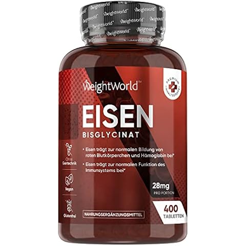 Eisen 28 mg - 400 vegane Eisentabletten für Immunsystem, Energie & Blutbildung (EFSA) - Gut verträgliches Eisenbisglycinat in jeder Tablette - Hohe Bioverfügbarkeit Iron Tablets von WeightWorld Cover