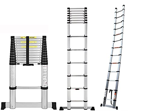 Image of Lukia Aluminium Portable and Extension 16.5 Feet (5 Meter) Telescopic Folding Aluminium Ladder for Household and Outdoor, 13 Steps, Anodized Silver with Safety Lock
