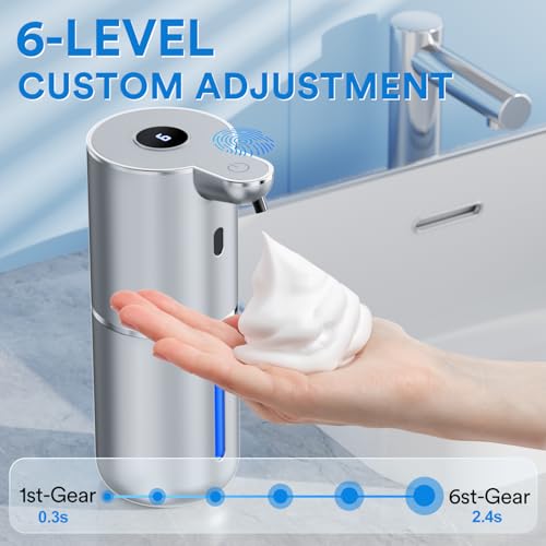 Image of Automatic Foaming Soap Dispenser Touchless, Rechargeable Electric Hand & Dish Soap Dispenser for Bathroom and Kitchen - Smart Digital Display, 6 Adjustable Level, 380ml, Wall Mounted, IPX5