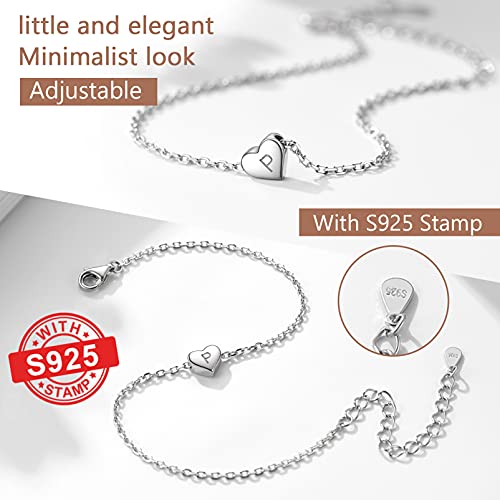 925 Sterling Silver Dainty Heart Bracelets for Women, A-Z Letter Cute Initial Charm, Bracelet: 6.3"-8.3", Adjustable, Come with Box3