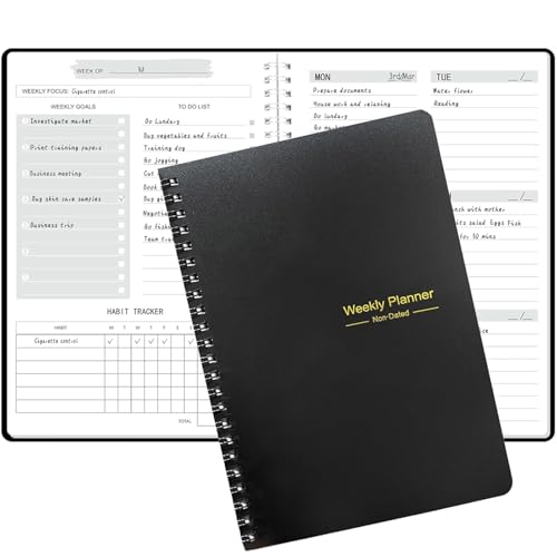 Moseem Agenda semanal, A5 sem data, lista de coisas a fazer, agenda semanal com objetivos com rastreador de hábitos, planeamento de 52 semanas para o trabalho universitário TDAH (preto)