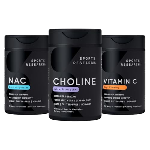 Sports Research® Pack - Extra Strength Choline 800 mg + N-Acetyl L-Cysteine (NAC) 600mg + Vitamin C 1000mg