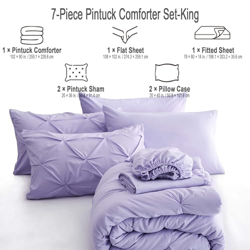 Ubauba 7pc King Size Comforter Set with Sheets, All Season Pintuck 7 Piece Bedding Sets Light Purple, Pinch Pleating Bed in a Bag Set with Comforters (Lavender,King)