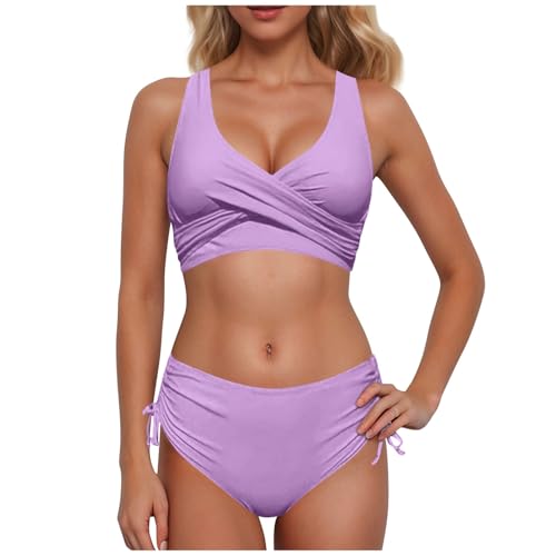 MODSGUE Conjunto de bikini para mujer, traje de baño de dos piezas, con cuello en V, traje de baño cruzado, traje de baño con control de abdomen, cintura alta, cómodo conjunto, push up, bikini de