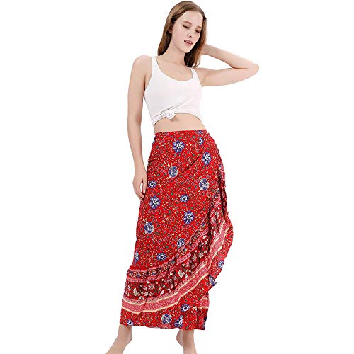 Women's High Waist Long Boho Print Skirt Gypsy Dress Bohemian Side Wrap Split Ruffled Asymmetric Hem Maxi Skirt,one Size (red Flower)
