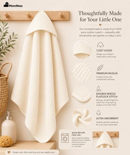 Image of Baby Hooded Bath Towel 100% Cotton Muslin 76x76 cm, 0-3Y, Newborn | Breathable, Lightweight,100% Muslin Cotton