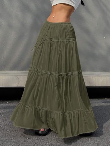 Women's Summer Solid Color Tie-Waist Ruffle Hem Long Casual Skirt Going Out Outfits4