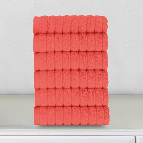 Image of Elegant Comfort 100% Turkish Cotton Corduroy Ribbed Luxury Washcloths 6 Pack Soft 13 x 13 Inch - Higly Absorbent, Durable, Quick Dry, Spa Premium Hotel Quality for Bathroom or Travel, Coral