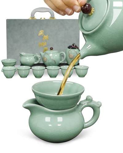 Traditional Chinese Tea Sets for Adults, Gongfu Teapot and Cups with Green Crackle Glaze, Lead-Free Ge Yao Porcelain Tea Set for Tea Party Ceremony Zen Meditation with Portable Gift Box