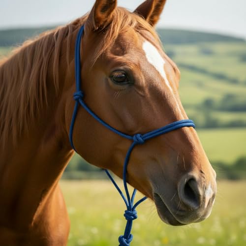 RSDKL Rope Horse Halter Braided Training Halter with Hand-Knotted Design Multiple Sizes for Yearling Small Mule & Standard Horses Lightweight Metal-Free Control Halter Standard Blue