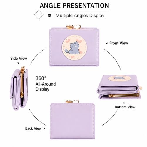 Image of Valerie Cute Small Wallets Clutch for Teen Girl Women PU Leather Trifold Small Wallet Cash Pocket 3D Buckle Card Holder Coin Purse with ID Window for Girls Women (Purple cat)