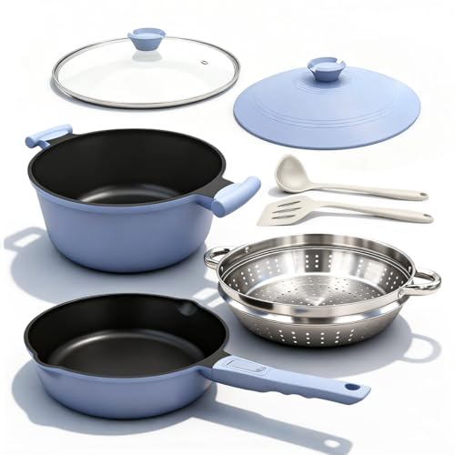 Bobikuke Pots and Pans Set Non Stick, Nonstick Cookware Set, Steamer Pot and Pan for Cooking, Kitchen Cookware Sets Non Toxic, Induction Compatible, Detachable Handle, Oven Safe, PFOA Free,Blue