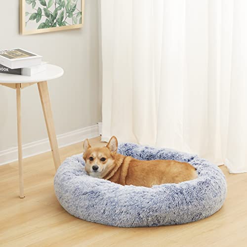 Image of Bedfolks Calming Donut Dog Bed, 30 Inches Round Fluffy Dog Beds for Medium Dogs, Anti-Anxiety Plush Dog Bed, Machine Washable Pet Bed (Navy Blue, Medium)