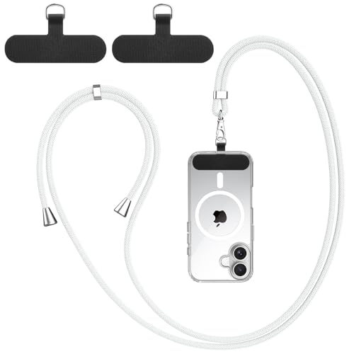 Vancle Cordon para Movil Universal, con 2 Parches Duraderos, Cuerdas Ajustables de 1,6m, Correa Cruzada para el Cuello y Muñeca, Compatible con Mayoría de Las Fundas de Teléfono (Blanco)