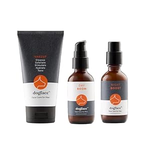 Dogface Men’s Skincare Set Wakeup Gel Daily Face Wash to Exfoliate, Hydrate & Tone Skin, Day Boom Moisturizer, Night Boost Night Cream Retinol Serum