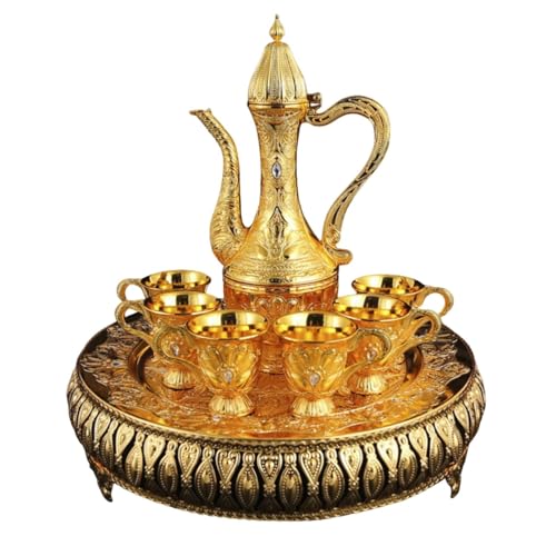 Qectial Service de Vin Argenté Coffret Carafe Pichet Gobelets Plateau Look Ancien Métal Zinc Dispositif de Service Ordonné et Élégant Adapté aux Banquets, Doré