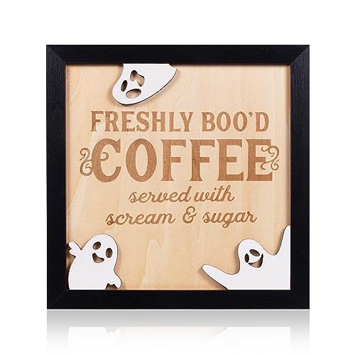 FRESHLY BOO’D COFFEE Halloween Signs with Stand, Funny Halloween Coffee Bar Decorations, Wooden Halloween Kitchen Decor Accessories, Cute Coffee Bar Wood Sign, Halloween Retro Home Decor Room Indoor Stuff - image 1