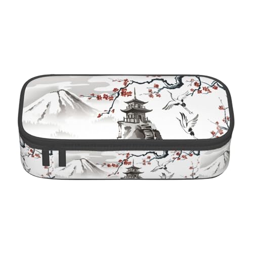Image of Japanese Cherry Blossom And Fujiyama Ink Painting Large Pencil Case, Pencil Pouch With Zipper Compartments Stationery Pencil Bag For Kids Teens Students School Supplies