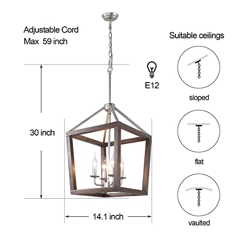 Cfaghomedesign 4-Light Rustic Chandelier Light Fixture,Oak Wood Pendant Lighting For Dining Room Living Room Bedroom Kitchen Island Foyer,Coffee Wood And Silver Metal Finish #TOP4